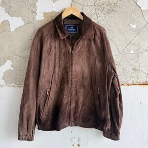 Vtg Suede Leather Jacket Brown Bomber Zip Front Men XL Newport Harbor 90s Dacore